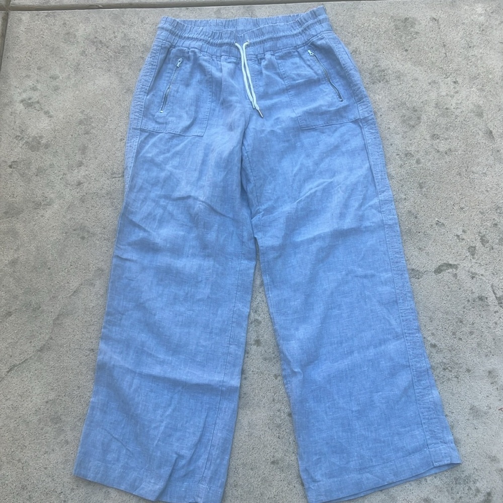Athleta Cabo Wide Leg Chambray Blue Linen Resort Pants Women's Size 14 - Picture 2 of 7